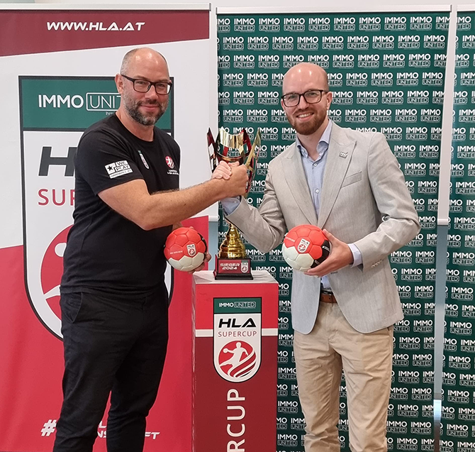 v.l.n.r. Christoph Edelmüller (HLA Geschäftsführer) - David Beran (Markenbotschafter/Ambassador IMMOunited GmbH). Fotocredit: (c) HLA/Christina Gassner IMMOunited ist neuer Naming-Right-Partner des HLA SUPERCUPS!